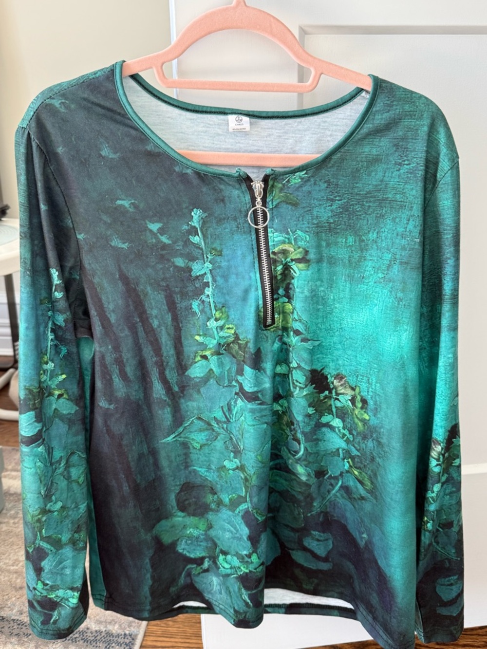 Green Botanical Zip-Front Long Sleeve Tee